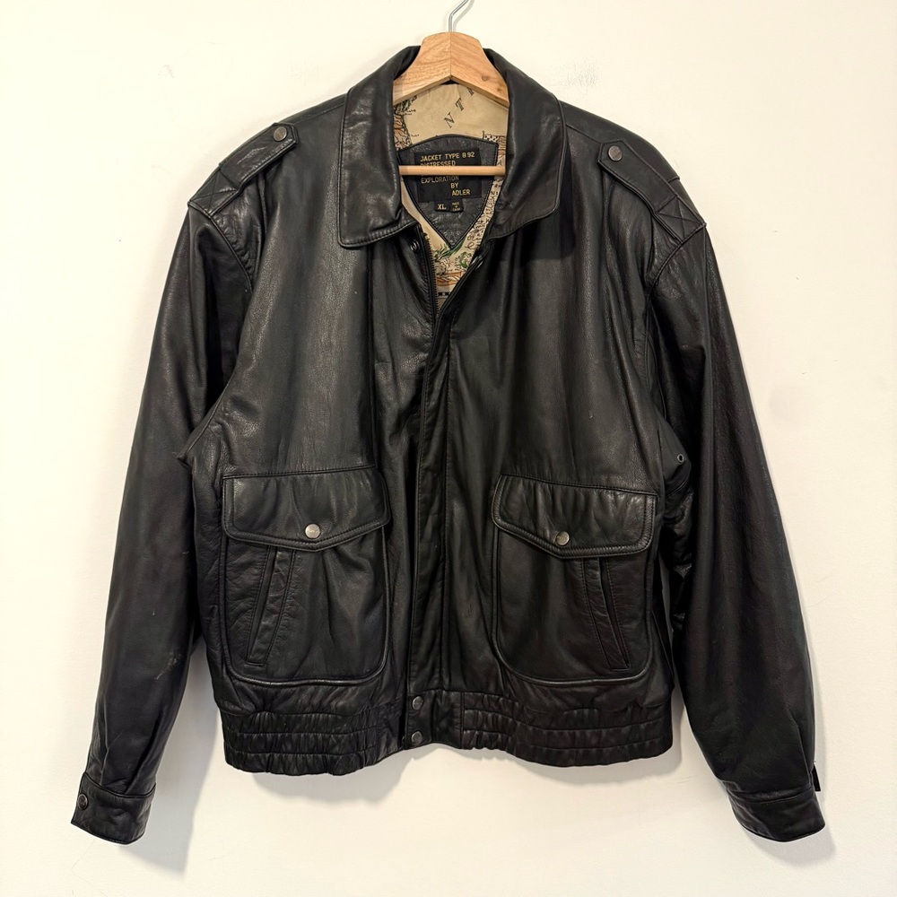 VTG Adler B 92 Distressed Exploration Map Lining Leather Bomber Jacket